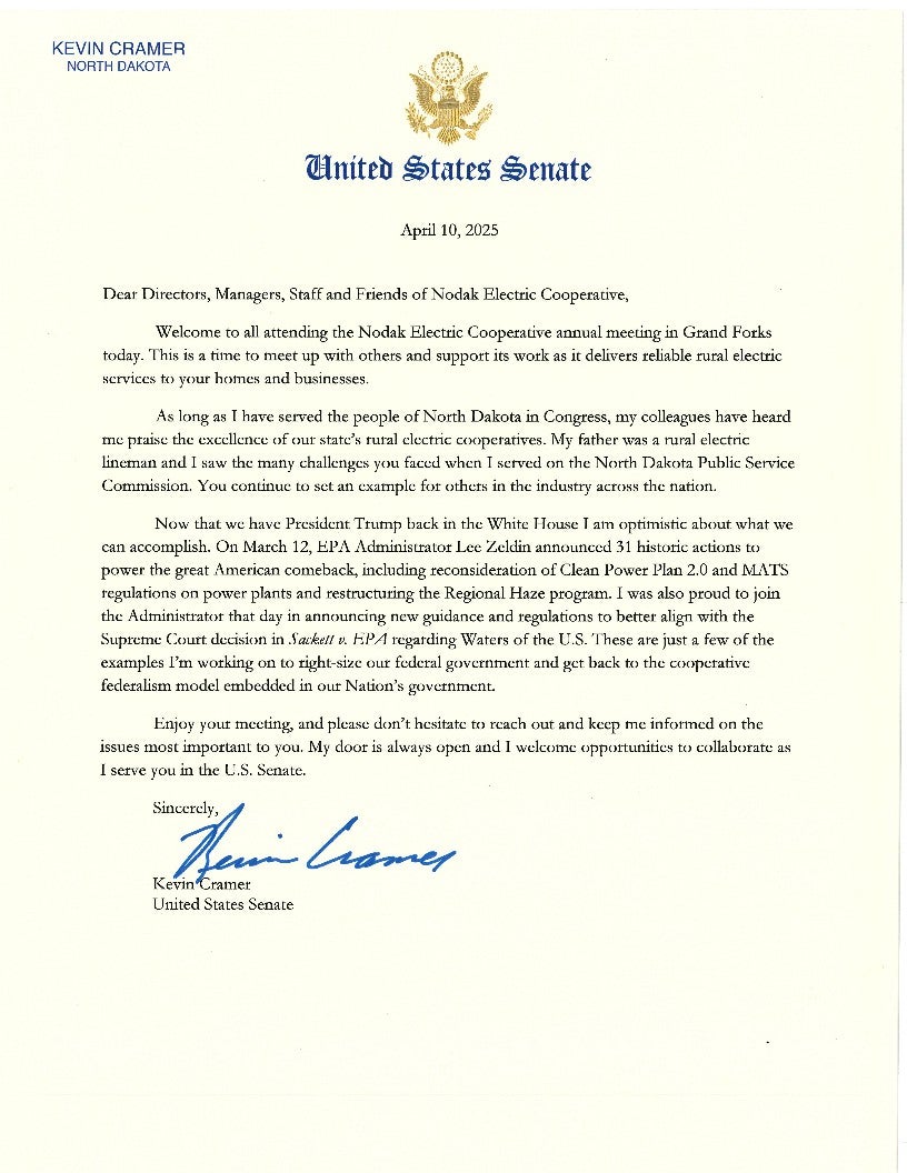 A letter from Senator Kevin Cramer
